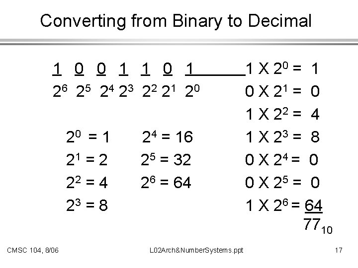 Converting from Binary to Decimal 1 0 0 1 1 0 1 2 6