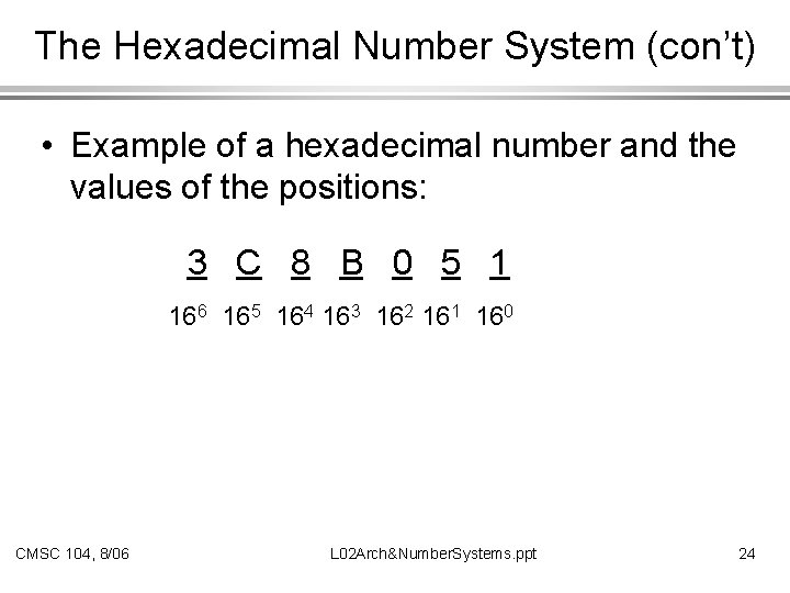 The Hexadecimal Number System (con’t) • Example of a hexadecimal number and the values