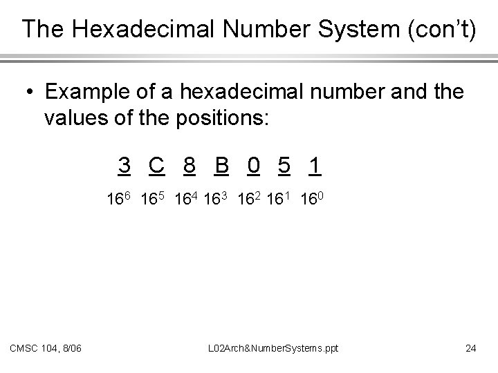 The Hexadecimal Number System (con’t) • Example of a hexadecimal number and the values