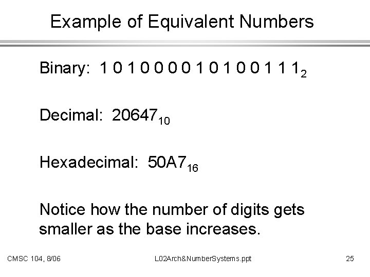 Example of Equivalent Numbers Binary: 1 0 0 0 0 1 1 12 Decimal: