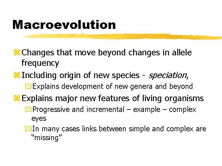 Macroevolution z Changes that move beyond changes in allele frequency z Including origin of