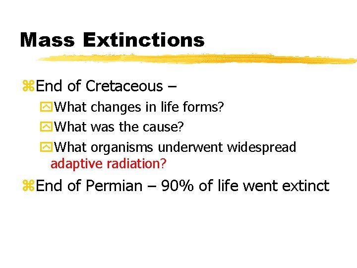 Mass Extinctions z. End of Cretaceous – y. What changes in life forms? y.