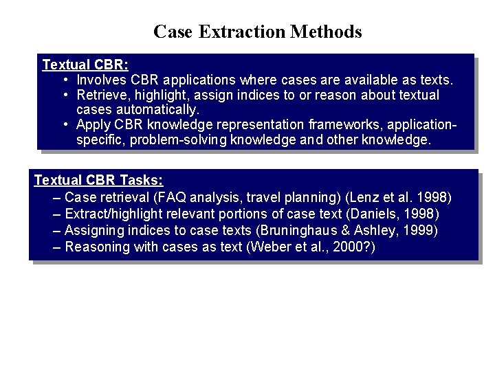 Case Extraction Methods Textual CBR: • Involves CBR applications where cases are available as