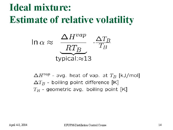 Ideal mixture: Estimate of relative volatility April 4 -8, 2004 KFUPM-Distillation Control Course 14