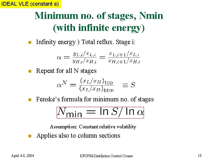 IDEAL VLE MIXTURE (constant α) Minimum no. of stages, Nmin (with infinite energy) n