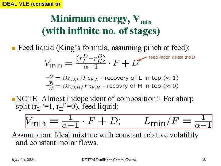 IDEAL VLE MIXTURE (constant α) Minimum energy, Vmin (with infinite no. of stages) n