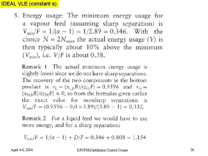 IDEAL VLE MIXTURE (constant α) April 4 -8, 2004 KFUPM-Distillation Control Course 30 