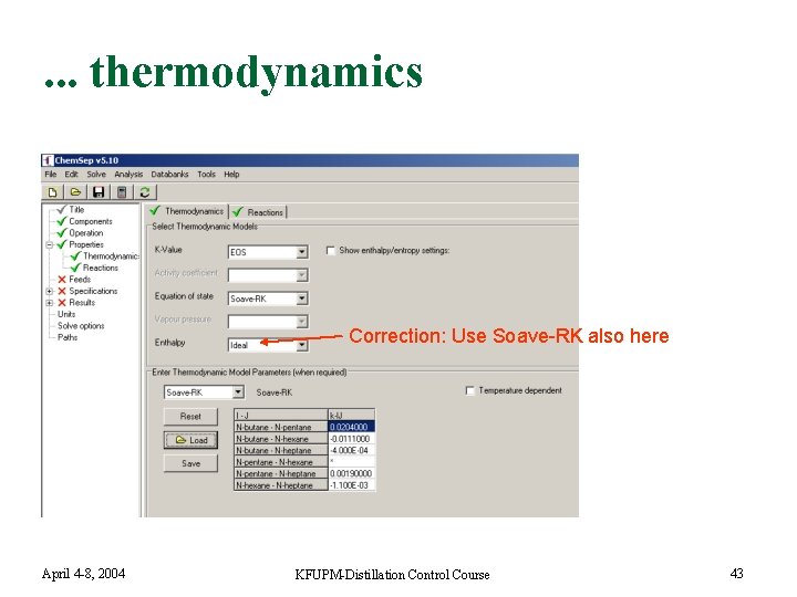 . . . thermodynamics Correction: Use Soave-RK also here April 4 -8, 2004 KFUPM-Distillation