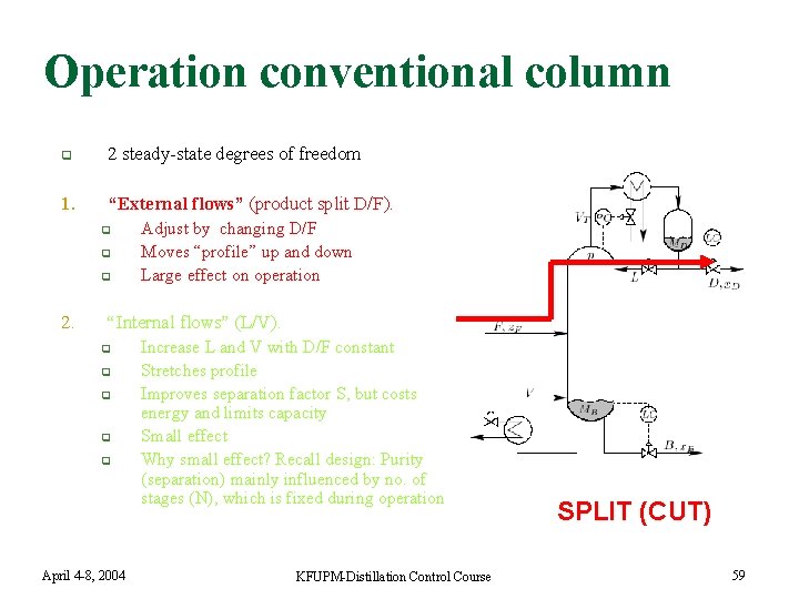 Operation conventional column q 2 steady-state degrees of freedom 1. “External flows” (product split