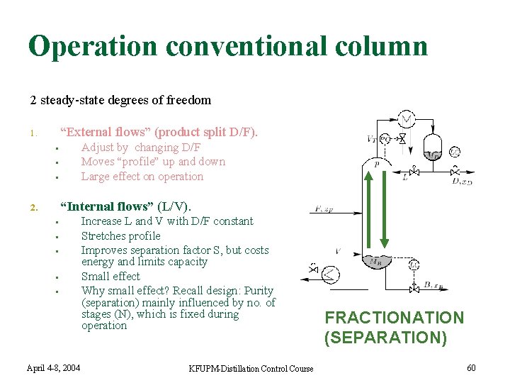 Operation conventional column 2 steady-state degrees of freedom “External flows” (product split D/F). 1.