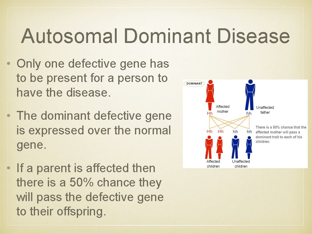 Autosomal Dominant Disease • Only one defective gene has to be present for a Autosomal Dominant Disease • Only one defective gene has to be present for a