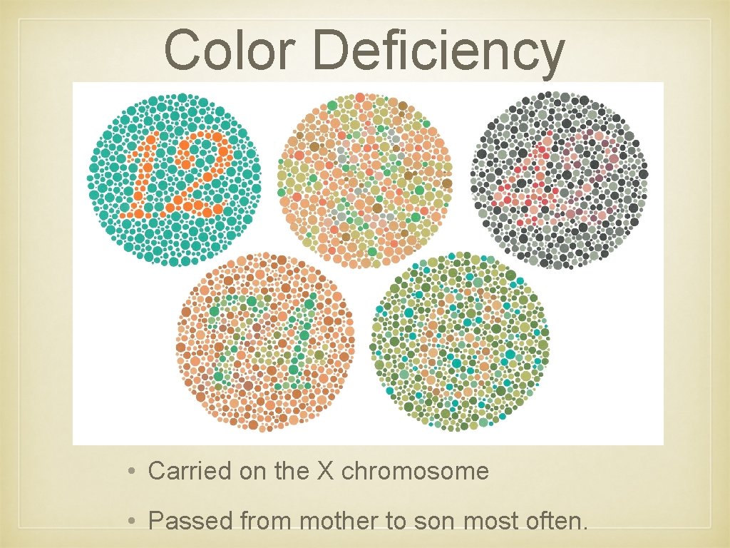 Color Deficiency • Carried on the X chromosome • Passed from mother to son Color Deficiency • Carried on the X chromosome • Passed from mother to son