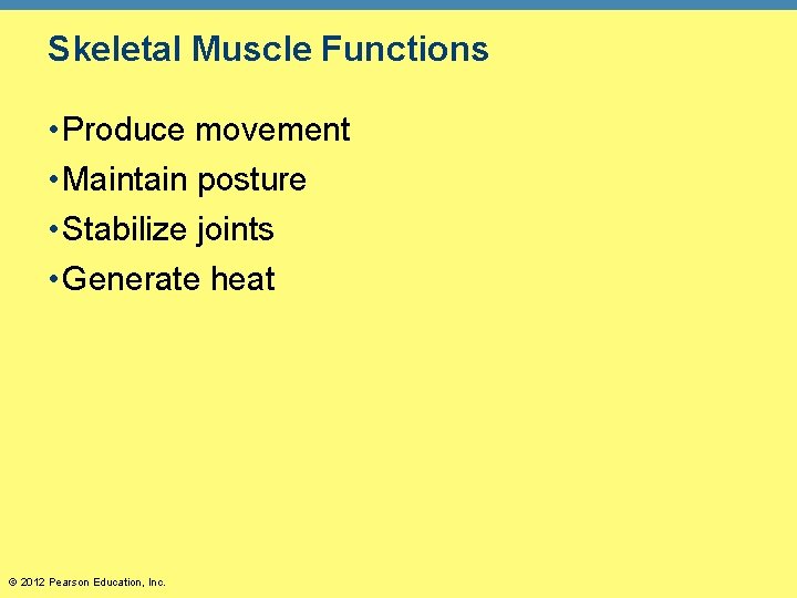 Skeletal Muscle Functions • Produce movement • Maintain posture • Stabilize joints • Generate