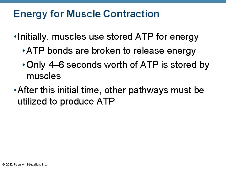 Energy for Muscle Contraction • Initially, muscles use stored ATP for energy • ATP