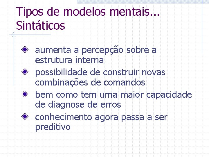 Tipos de modelos mentais. . . Sintáticos aumenta a percepção sobre a estrutura interna