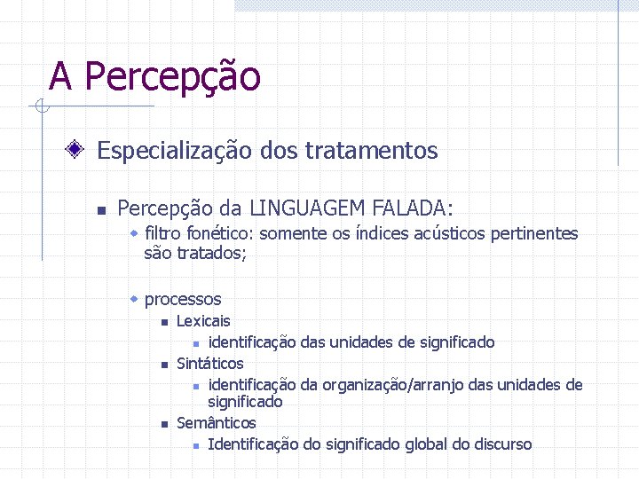 A Percepção Especialização dos tratamentos n Percepção da LINGUAGEM FALADA: w filtro fonético: somente