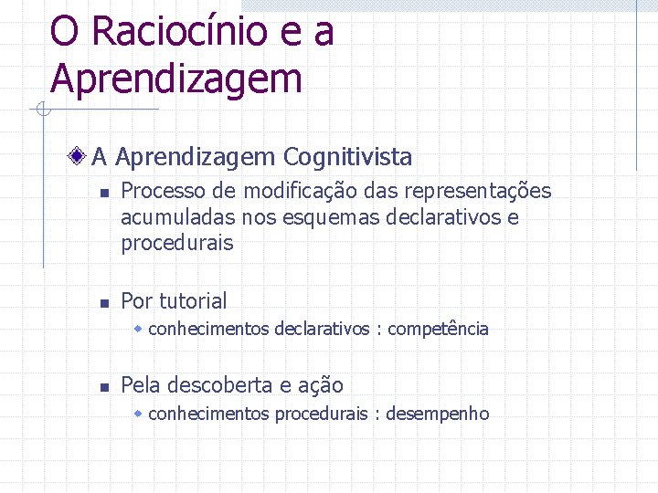O Raciocínio e a Aprendizagem A Aprendizagem Cognitivista n n Processo de modificação das