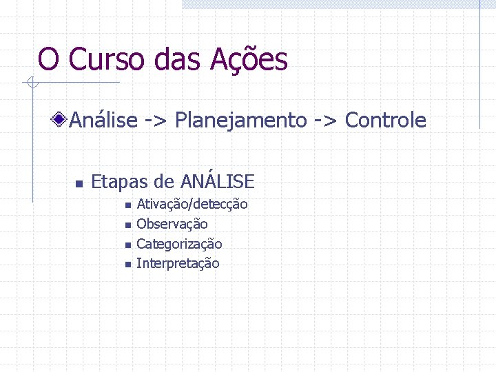 O Curso das Ações Análise -> Planejamento -> Controle n Etapas de ANÁLISE n