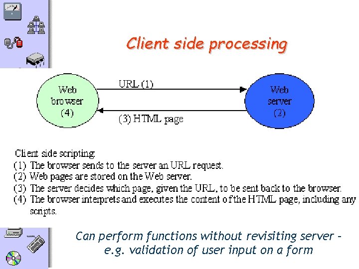 Client side processing Can perform functions without revisiting server – e. g. validation of