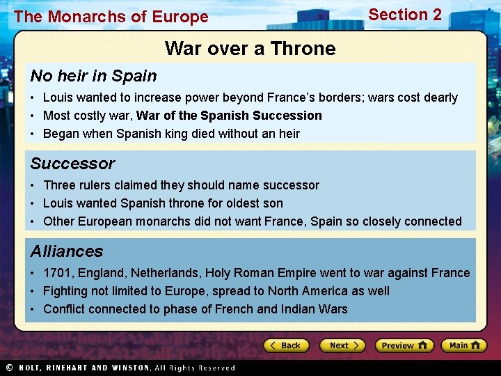 The Monarchs of Europe Section 2 War over a Throne No heir in Spain