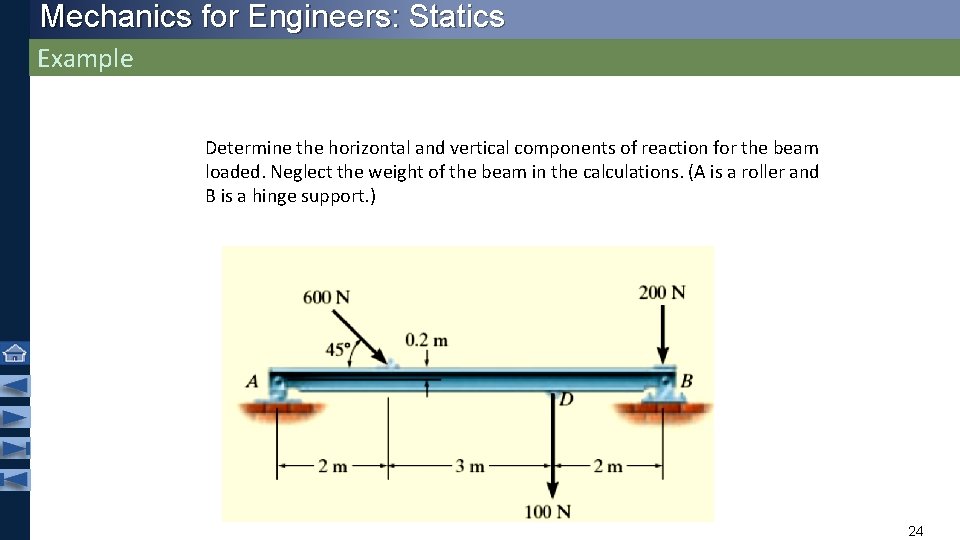 Mechanics for Engineers: Statics Example Determine the horizontal and vertical components of reaction for Mechanics for Engineers: Statics Example Determine the horizontal and vertical components of reaction for