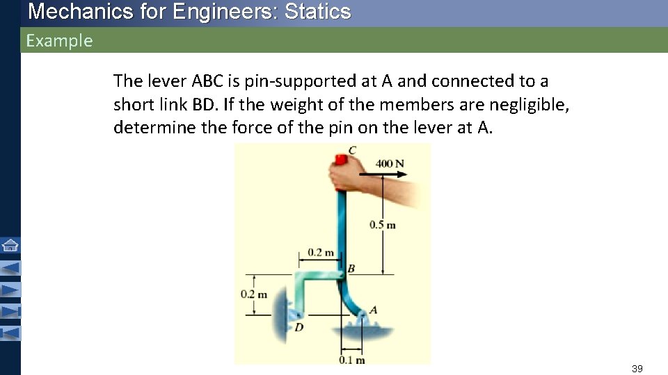 Mechanics for Engineers: Statics Example The lever ABC is pin-supported at A and connected Mechanics for Engineers: Statics Example The lever ABC is pin-supported at A and connected