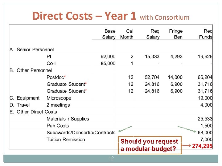 Direct Costs – Year 1 with Consortium Should you request a modular budget? 12