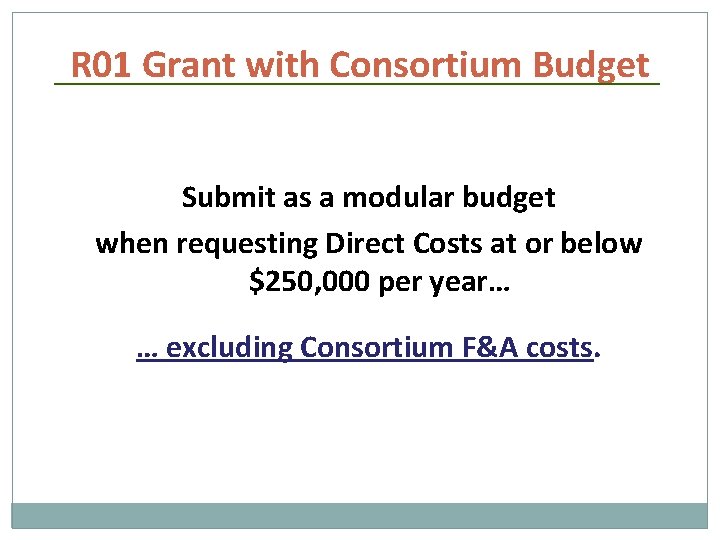 R 01 Grant with Consortium Budget Submit as a modular budget when requesting Direct