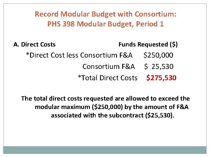 Record Modular Budget with Consortium: PHS 398 Modular Budget, Period 1 A. Direct Costs