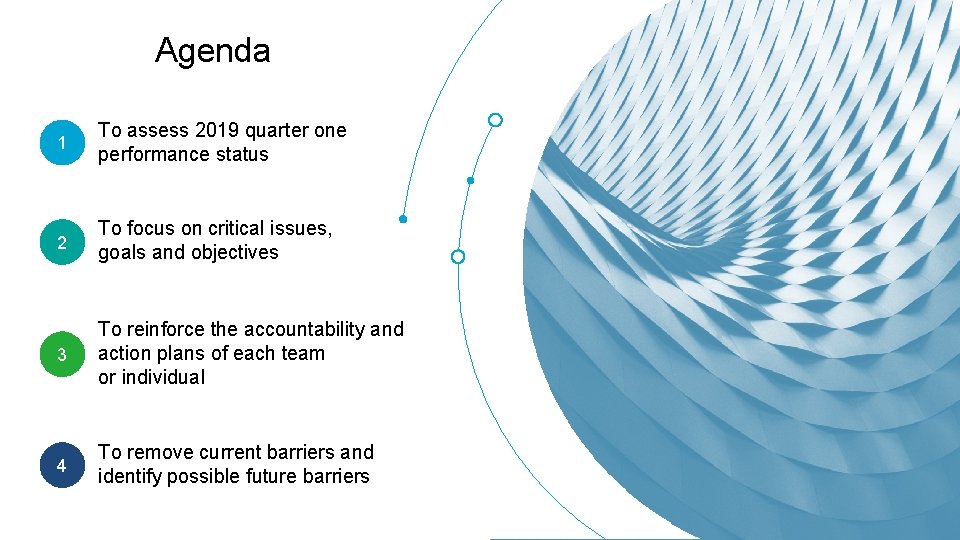 Agenda 1 To assess 2019 quarter one performance status 2 To focus on critical