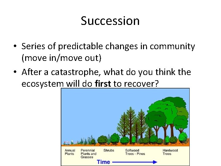 Succession • Series of predictable changes in community (move in/move out) • After a