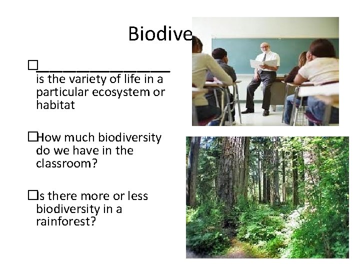 Biodiversity �__________ is the variety of life in a particular ecosystem or habitat �How