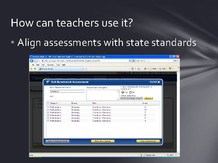 How can teachers use it? • Align assessments with state standards 