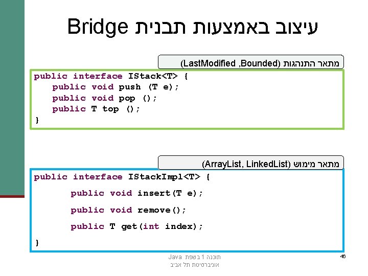 Bridge עיצוב באמצעות תבנית (Last. Modified , Bounded) מתאר התנהגות public interface IStack<T> {