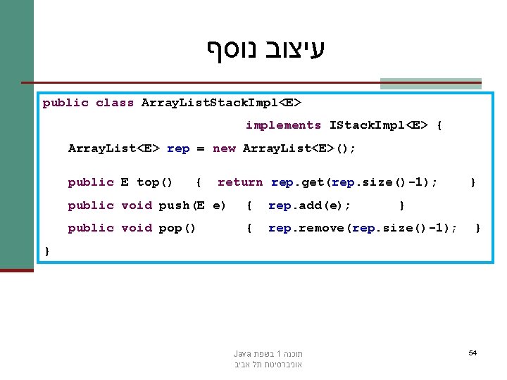  עיצוב נוסף public class Array. List. Stack. Impl<E> implements IStack. Impl<E> { Array.