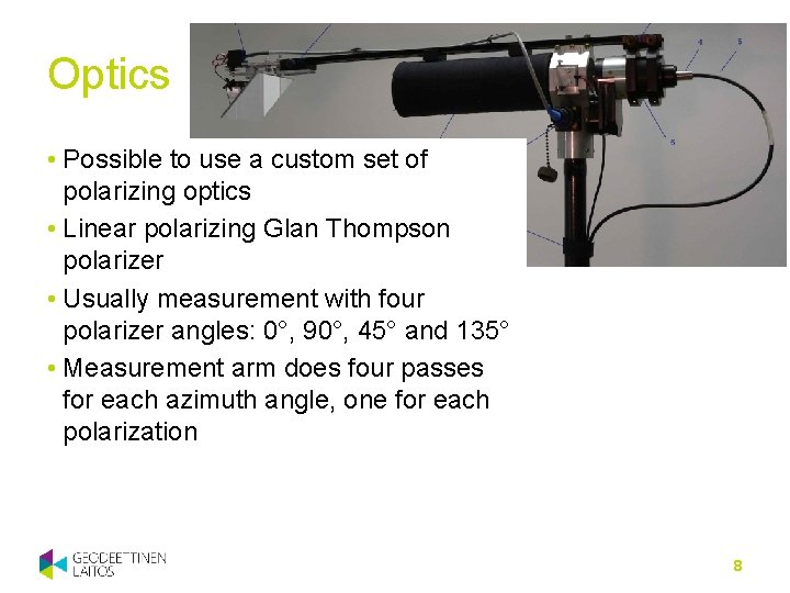 Optics • Possible to use a custom set of polarizing optics • Linear polarizing