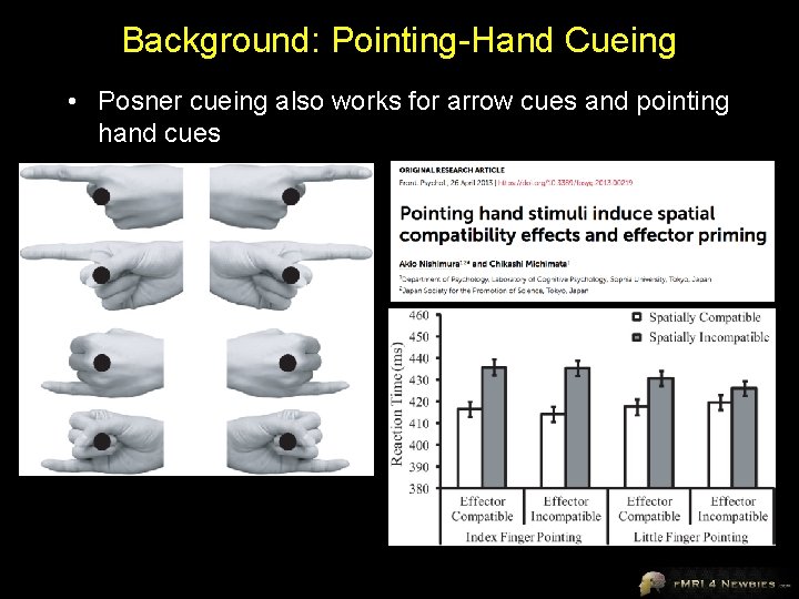 Background: Pointing-Hand Cueing • Posner cueing also works for arrow cues and pointing hand