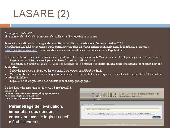 LASARE (2) Message du 23/09/2010 : A l'attention des chefs d'établissement des collèges publics