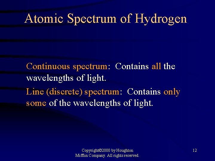 Atomic Spectrum of Hydrogen Continuous spectrum: Contains all the wavelengths of light. Line (discrete)