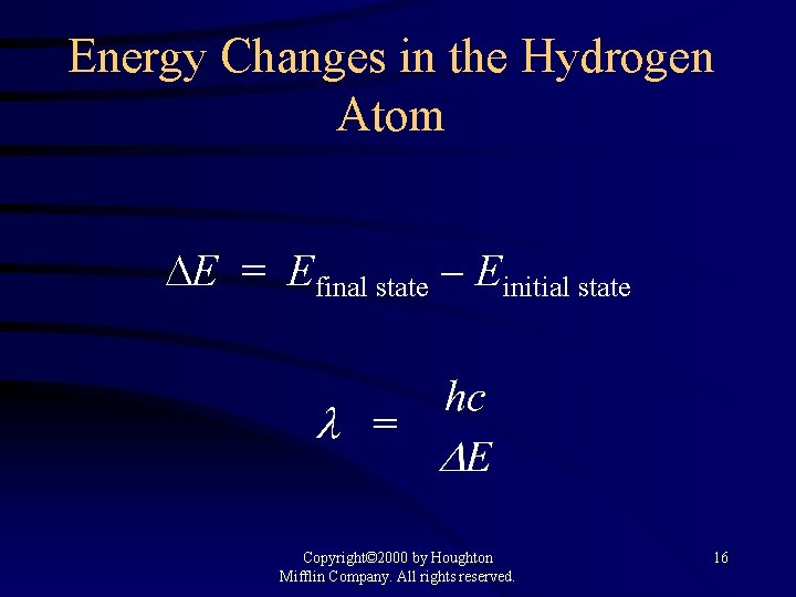 Energy Changes in the Hydrogen Atom E = Efinal state Einitial state Copyright© 2000