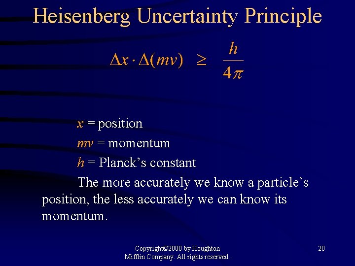 Heisenberg Uncertainty Principle x = position mv = momentum h = Planck’s constant The