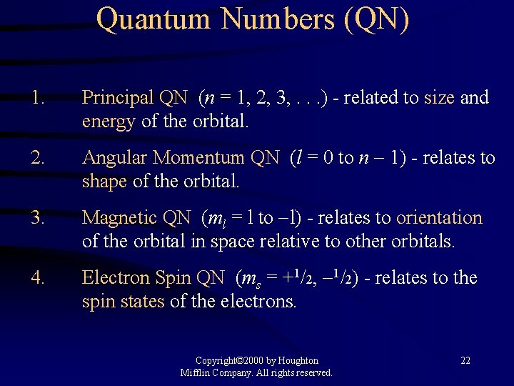 Quantum Numbers (QN) 1. Principal QN (n = 1, 2, 3, . . .