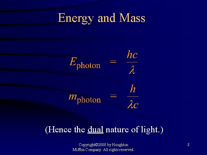 Energy and Mass (Hence the dual nature of light. ) Copyright© 2000 by Houghton