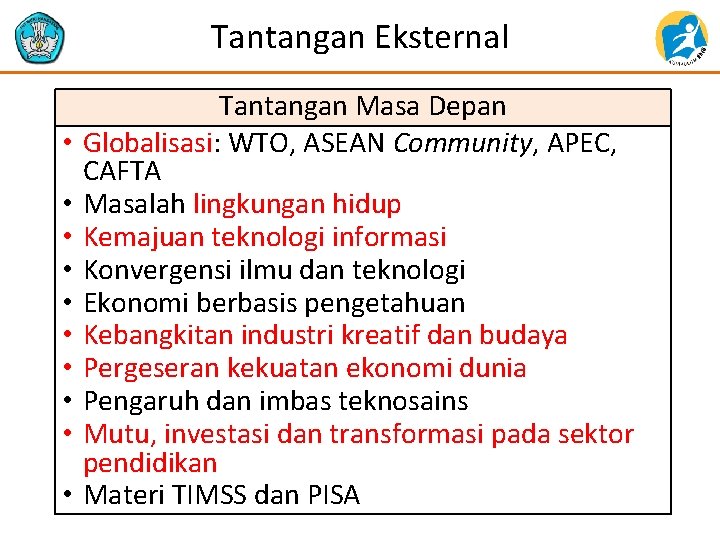 Tantangan Eksternal • • • Tantangan Masa Depan Globalisasi: WTO, ASEAN Community, APEC, CAFTA