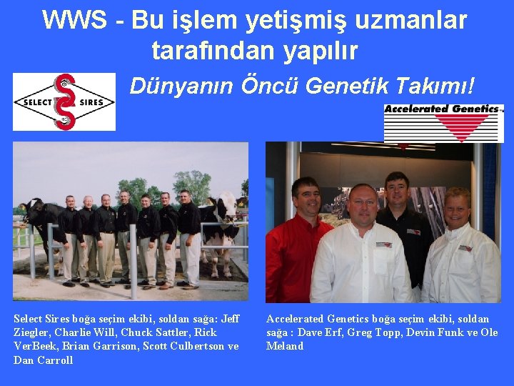 WWS - Bu işlem yetişmiş uzmanlar tarafından yapılır Dünyanın Öncü Genetik Takımı! Select Sires