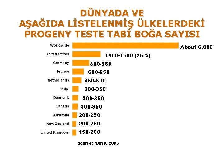 DÜNYADA VE AŞAĞIDA LİSTELENMİŞ ÜLKELERDEKİ PROGENY TESTE TABİ BOĞA SAYISI About 6, 000 1400