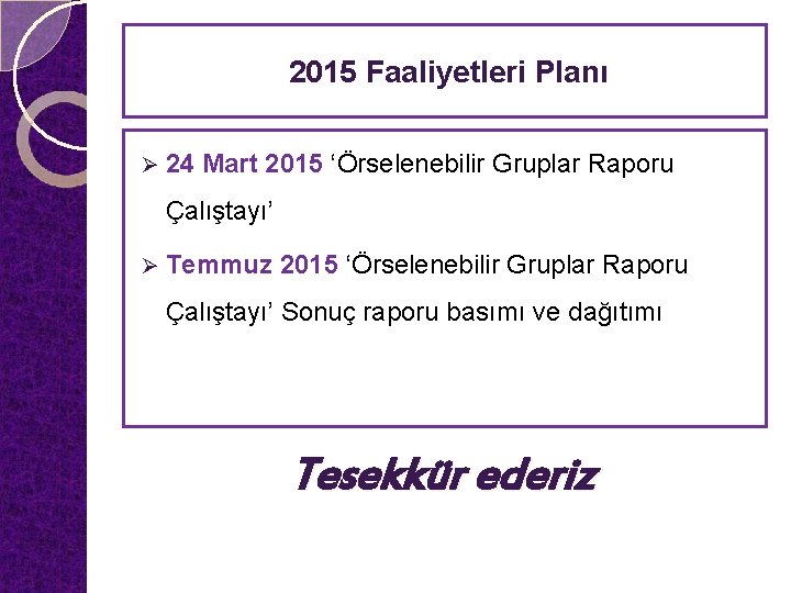 2015 Faaliyetleri Planı Ø 24 Mart 2015 ‘Örselenebilir Gruplar Raporu Çalıştayı’ Ø Temmuz 2015