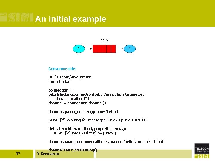 An initial example Consumer side: #!/usr/bin/env python import pika connection = pika. Blocking. Connection(pika.