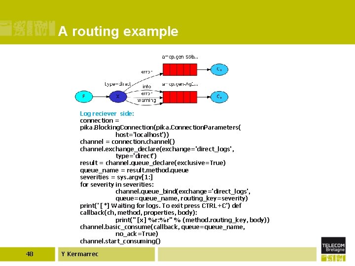 A routing example Log reciever side: connection = pika. Blocking. Connection(pika. Connection. Parameters( host='localhost'))