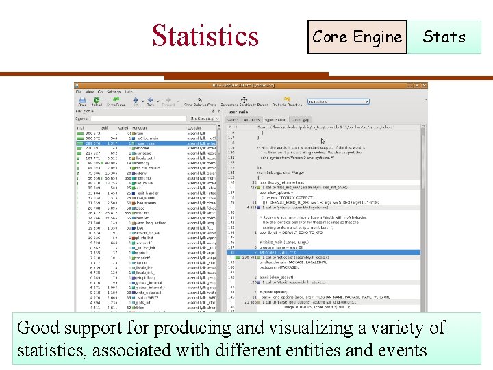 Statistics Core Engine Stats Good support for producing and visualizing a variety of statistics,